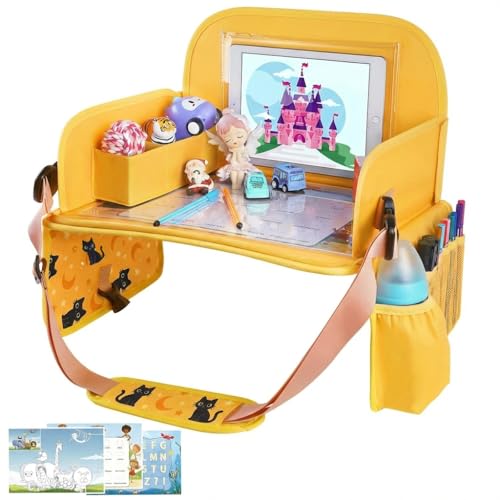 MENZOKE Kids Travel Tray for Toddler Car Seat, Toddler Gift for Boy Activities with iPad Holder Stand & Storage Pockets, Road Trip Essentials Accessories Lap Tray as Travel Gifts for Kid, Yellow - color: Yellow BlackCat