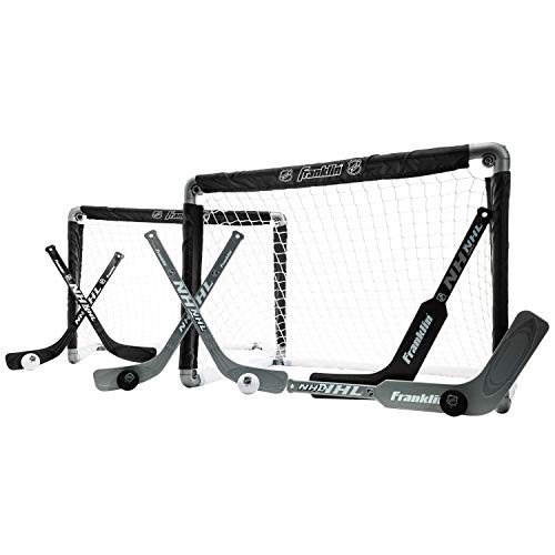 Franklin Sports NHL Kids Mini Hockey Goal Set - (2) Mini + Knee Hockey Goals, (4) Youth Sticks, (2) Goalie Sticks + (4) Foam Balls - Knee + Mini Hockey Set - color: Black