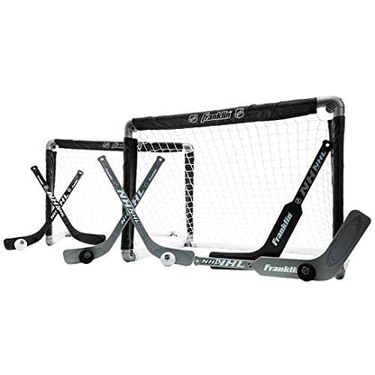 Franklin Sports NHL Kids Mini Hockey Goal Set - (2) Mini + Knee Hockey Goals, (4) Youth Sticks, (2) Goalie Sticks + (4) Foam Balls - Knee + Mini Hockey Set - color: Black
