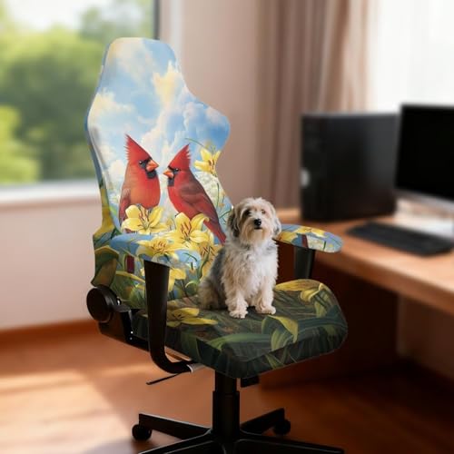 Suobstales Cardinal Lily Flower Print Gaming Chair Covers Cat Scratch Proof Stretch Gaming Chair Seat Covers with Armrest Cover, Anti-Scratch Protection for Ergonomic Game Rotating Office Chair - color: Cardinal Lily Flower