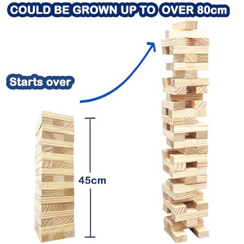 Jac & Mok Tumble Tower Wooden Toppling Blocks Game Set,Stacking Timber Games with Carrying Bag (54 pcs Large Tumble Tower with Dice)