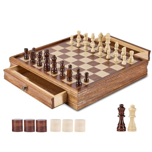 VEVOR Solid Wood Chess Set, 15 inch 2-in-1 Chess Checkers Game Set, Chess Board Games with Storage Drawer & Weighted Chess Checkers Pieces & 2 Queens, Christmas Crafts Xmas Gift - color: Brown, size: 15 inch
