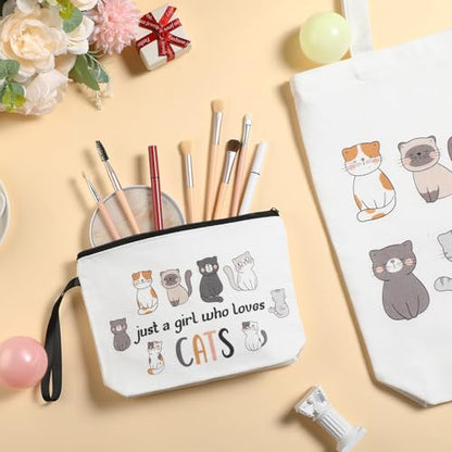 Sieral 2 Pcs Animal Lover Bag Gift for Women Travel Canvas Tote Portable Zipper Pouch Canvas Reusable Grocery Tote - style: Cat