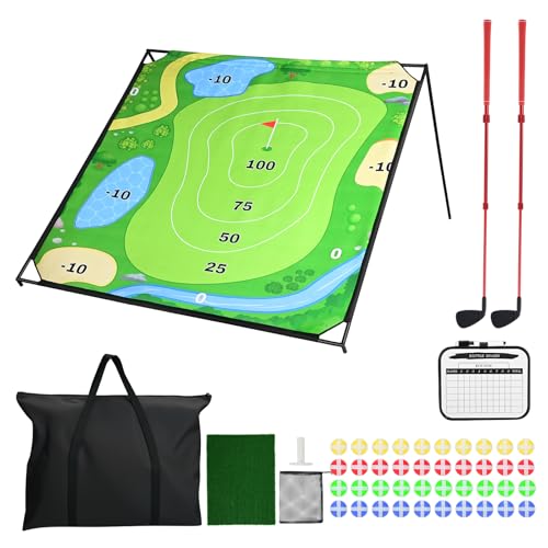 Golf Chipping Game Set, Extra-Large 6x6ft with Aluminum Frame, Portable Family Target Game for Chipping Practice Fun for Kids and Adults Indoor & Outdoor Yard - color: Green With Two Clubs