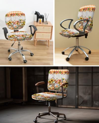 Savannan Office Chair Cover, Pastoral Fall Leaves Pumpkin Gnome Protective Stretch Elastic Universal Cover for Desk Task Chair,Computer Rotating Chair 1 Pcs Orange Plaid Grey Wooden