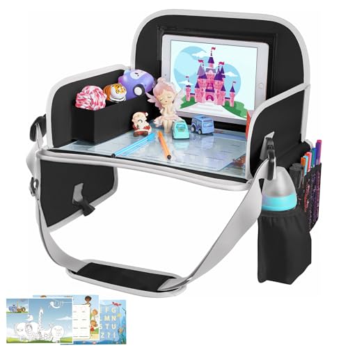 MENZOKE Kids Travel Tray for Toddler Car Seat, Toddler Gift for Boy Activities with Dry Erase Board & iPad Holder Stand, Road Trip Essentials Accessories Lap Tray for Boy as Birthday Gift, Black - color: Zero Black
