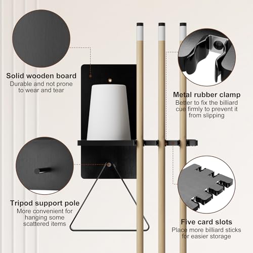 Black Wall Mounted Cone Chalk Holder,Wood Pool Cue Rack with 5-Slot Metal Rubber Clamps,Wall Mount Billiard Accessories for Home, Bar, Game Room & Pool Club