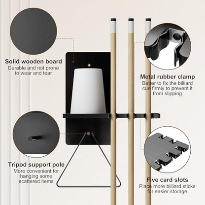 Black Wall Mounted Cone Chalk Holder,Wood Pool Cue Rack with 5-Slot Metal Rubber Clamps,Wall Mount Billiard Accessories for Home, Bar, Game Room & Pool Club