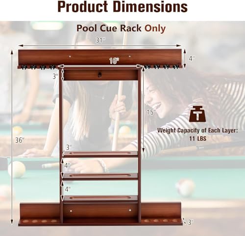 LDAILY Pool Cue Rack Only, Wooden Pool Cue Holder, Holds 8 Cues, 16 Billiard Balls & Ball Rack, Pool Stick Holder Wall Mount for Billiard Room, Club & Man Cave, 31" L x 3" W x 36" H (Coffee)