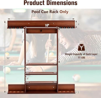 LDAILY Pool Cue Rack Only, Wooden Pool Cue Holder, Holds 8 Cues, 16 Billiard Balls & Ball Rack, Pool Stick Holder Wall Mount for Billiard Room, Club & Man Cave, 31" L x 3" W x 36" H (Coffee)