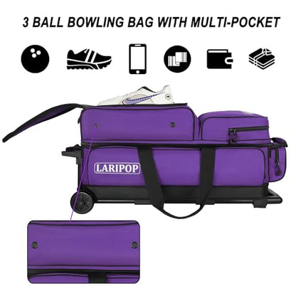 LARIPOP 3 Ball Bowling Bag with Wheels and Shoe Compartment, Rolling Bowling Bag for 3 Balls, Heavy Duty Bowling Roller Bag with Retractable Handle for Men Women - color: Purple