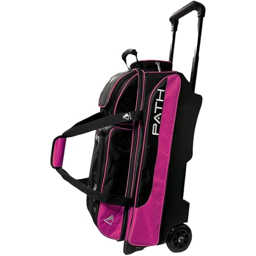 Pyramid Path Triple Premium Deluxe Roller Bowling Bag With Extra Large Separate Shoe Compartment (Up To US Mens Size 16) and 5 Accessory Pockets, 5" Wheels, Retractable Locking Handle - Extends to 42" - color: Black/Hot Pink