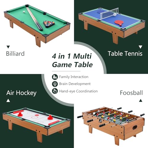 Goplus 4 in 1 Multi Game Table, Combination Game Table Set with Pool Billiards, Air Hockey, Foosball, Table Tennis, Stackable Combo Tabletops for Home, Play Room, Party Family Night - color: Brown