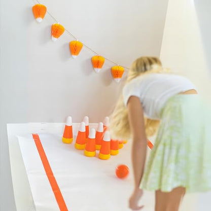 Fun Express Halloween Games for Kids Party - Candy Corn Pumpkin Bowling Set with 6 Pins & Ball | Fall Festival Games for Outdoor Trunk or Treat Activities & Carnival Events | Safe Plastic Design