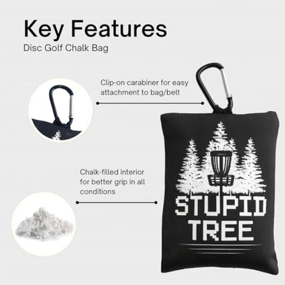 Disc Golf Grip Bag with Carabiner, Frisbee Disc Golf Grip Enhancer for All Skill Levels, Pre-Filled Chalk or Rosin Options – Black – Stupid Tree Design