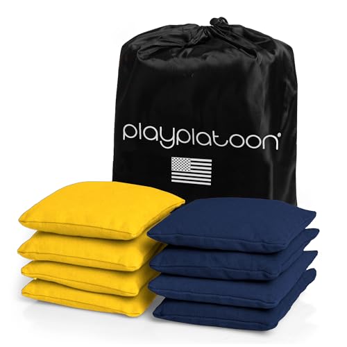 Play Platoon Cornhole Bags Weather Resistant- Set of 8 Regulation Bean Bags for Tossing- Official Professional Size & Weight Corn Hole Bags Two Color All Weather Cornhole Beans Bag Set with Tote Bag - color: Navy Blue & Yellow