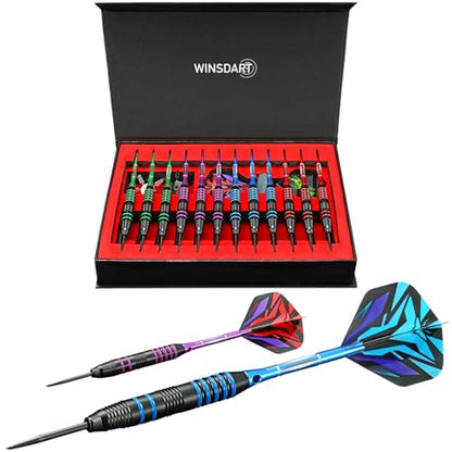 WINSDART Darts Metal Tip Set Professional Metal Darts for Dartboard Steel Tip Darts with Nonslip Iron Barrel Aluminum Dart Shafts,Extra Flights,Dart Sharpener,Gift Box - style: Colorful Engraved Darts Set
