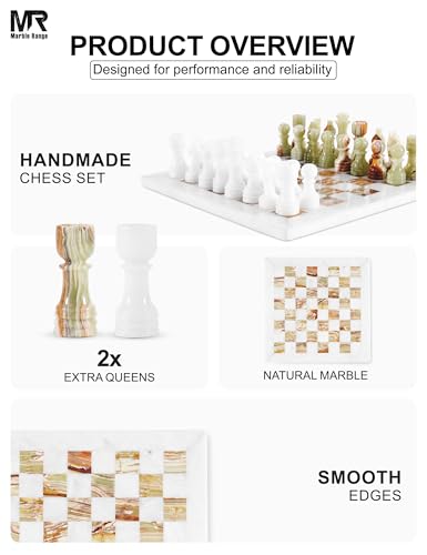 Marble Chess Set 12" Inches White and Green with Storage Box and 2 Extra Queen Handmade Classic Board Games for Adults, Luxury Marble Chess Board & Chess Pieces for Gifts - color: White & Green Onyx
