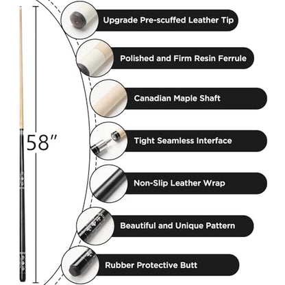 Pool Cue, 58" Pool Cue Sticks for Adults with 13MM Tips Canadian Maple Wood Leather Pattern Grip 18 19 20 21 oz, Professional Billiard Cues Players for Bar House Pool Table Sports 8/9 Ball - style: Black 21oz