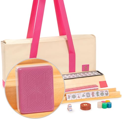 Yellow Mountain Imports American Mahjong Set, “Rosehill” - 166 Rose-Pink Embossed Patterned Tiles, Racks with Pushers, Pink and Cream Soft Case, Scoring Coins, Dice & Wind Indicator - color: Rose Pink