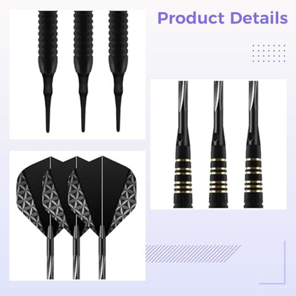 Soft Tip Darts Set with Case, Edge Grip and Nitrotech Shafts, 6.1 in Pet Flights, Black, with Replacement Shafts