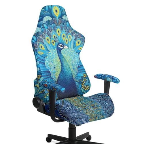 Peacock Print 4Pcs Gaming Chair Cover Set Comfortable Breathable Computer Office Chair Cover with Armrest Covers Universal Fit for Desk/Swivel/Rotating Chairs Protector - color: Blue - Peacock