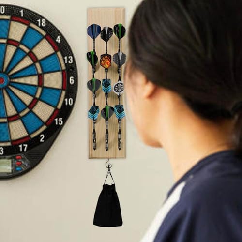 Wall Mount Dart Rack - Wooden Stand Organizer Display Board, 12 Holes Storage with Hooks | and Durable Mounted Bracket Screws