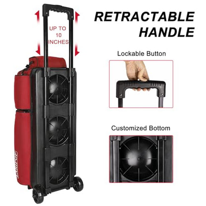 LARIPOP 3 Ball Bowling Bag with Wheels and Shoe Compartment, Rolling Bowling Bag for 3 Balls, Heavy Duty Bowling Roller Bag with Retractable Handle for Men Women - color: Red