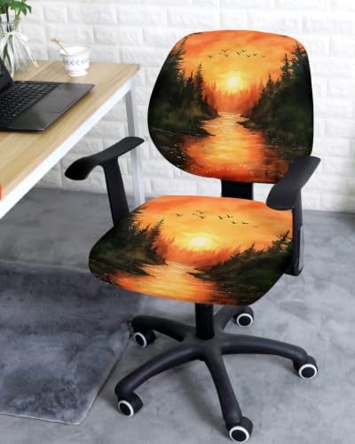 Savannan Office Chair Cover, Gradient Orange Sky Sunset Protective Stretch Elastic Universal Cover for Desk Task Chair,Computer Rotating Chair 1 Pcs Retro Abstract Forest