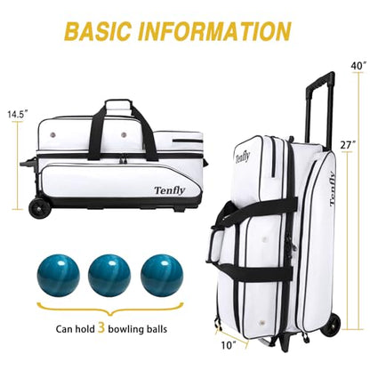 Triple Roller Bowling Bag with Wheels, Heavy Duty 3 Ball Bag for League & Recreational Bowlers - color: White