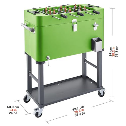 TRINITY 80 Quart Beverage Cooler and Ice Chest with Foosball Table Top and Bottle Opener, Rolling Cart with Storage Shelf, Detachable Tub Design, 96 Can Capacity, Includes Protective Cover - color: Electric Green