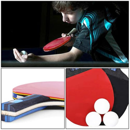 Double-Sided Rubber Table Tennis Paddles Set with Solid Blade and Ergonomic Handles Includes Short Handle Rackets Balls and Storage Bag for Beginner Indoor Outdoor Play