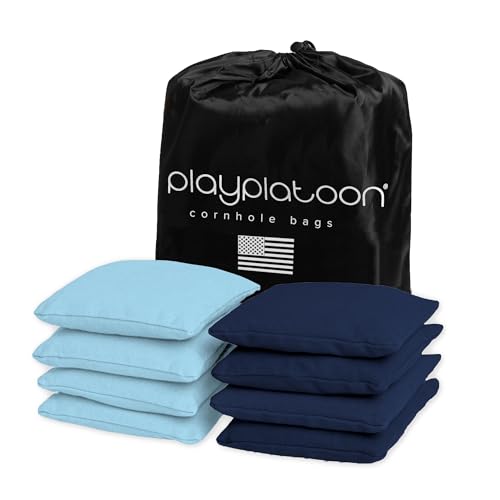 Play Platoon Cornhole Bags Weather Resistant- Set of 8 Regulation Bean Bags for Tossing- Official Professional Size & Weight Corn Hole Bags Two Color All Weather Cornhole Beans Bag Set with Tote Bag - color: Sky Blue & Navy Blue