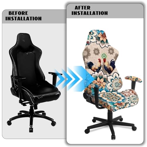 Rooster Print Gaming Chair Slip Cover Set Boho Mandala Flower Print Gaming Chair Covers Slipcovers 4Pcs with Armrest Cover Universal Fit for Desk/Swivel/Rotating Chairs Protector - color: Brown - Rooster Boho Mandala Flower