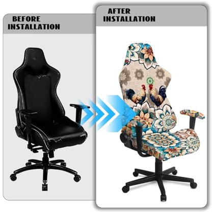 Rooster Print Gaming Chair Slip Cover Set Boho Mandala Flower Print Gaming Chair Covers Slipcovers 4Pcs with Armrest Cover Universal Fit for Desk/Swivel/Rotating Chairs Protector - color: Brown - Rooster Boho Mandala Flower
