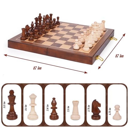 Large 17-Inch Wooden Chess Set – Folding Chess Board with Solid Wood Pieces, Oversized 3.5” King, Two Extra Queens, Premium Gift Chess Set for Adults Classic Strategy Game