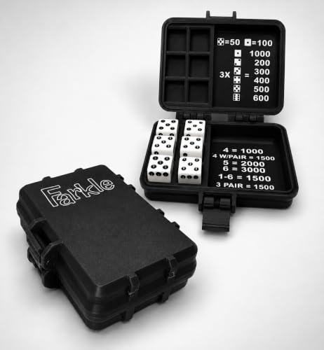 Farkle Travel Dice Game with Carrying Case, Portable Family Game with Score Chart, Black Case with Real White Dice. Made in the USA. - color: Black