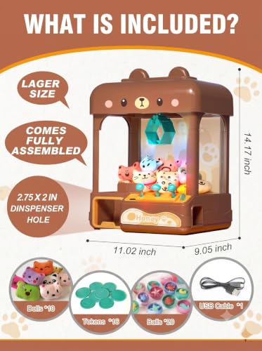 cxjoigxi Large Claw Machine for Kids Adults with Prizes, Adjustable Sound & Light, Mini Vending Machine, Electronic Arcade Crane Game, Candy Dispenser Toy for Girls Boys Birthday Gifts, Bear