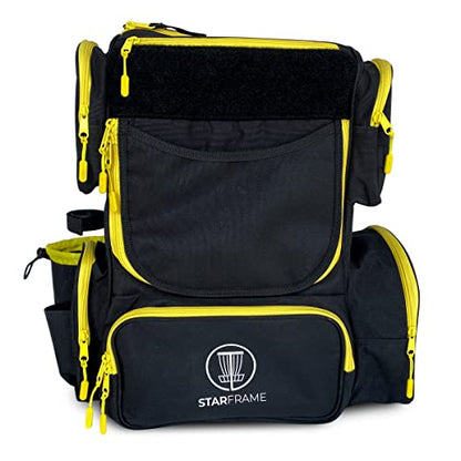 STAR FRAME Bandido Disc Golf Bag With Cooler | 30+ Disc Frisbee Golf Backpack | 4-Can Insulated Cooler | Light Durable Black & Yellow Men Women Disc Golf Bag | Huge Storage & Retriever Holder