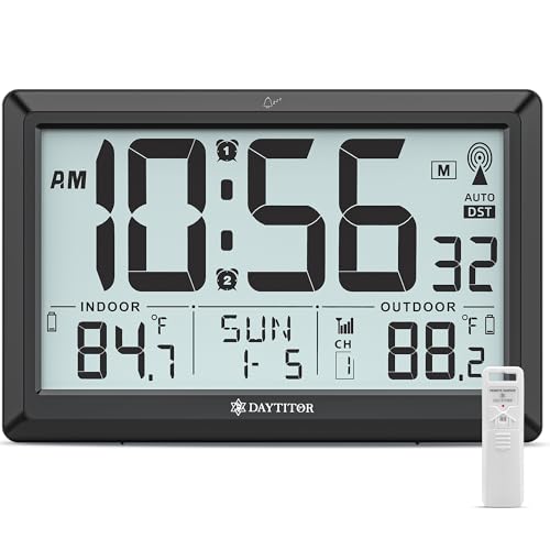 Atomic Clock Wall with Indoor/Outdoor Temp, Battery Operated Digital Wall Clock with 10.5" Large LCD Display, 330ft Range Desk Table Clock with Alarm, DST, Calendar for Living Room Bedrooms, Black - color: Black