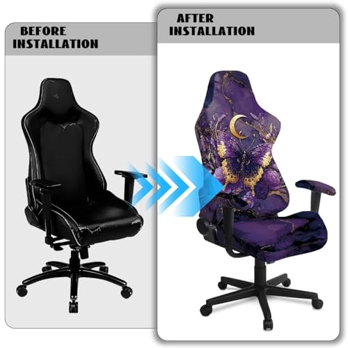 Suobstales Butterfly Moon Lavender Marble Pattern Gaming Chair Cover Stretch Computer Office Chair Cover for Armchair, Swivel Chairs, Computer Boss Chair, Removable Chair Slipcovers with Armrest Cover - color: Butterfly Moon Lavender Marble