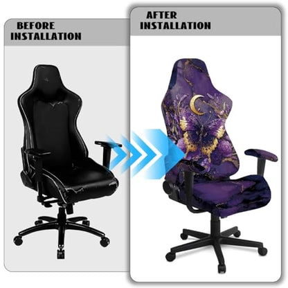 Suobstales Butterfly Moon Lavender Marble Pattern Gaming Chair Cover Stretch Computer Office Chair Cover for Armchair, Swivel Chairs, Computer Boss Chair, Removable Chair Slipcovers with Armrest Cover - color: Butterfly Moon Lavender Marble