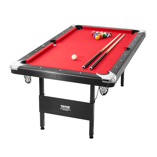 VEVOR Folding Pool Table,Portable Billiards Tables, Foldable Space-Saving Entertainment Game Set Includes Ball, Cue, Rack, Chalk, Brush, Brown with Bule Cloth, for Family Use, Recreation Room - color: black&red, size: 6.3 ft