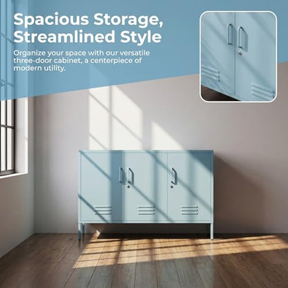 32" Wide 3-Door Lockable Metal Storage Cabinet with Accent Cabinet Locker, Heavy Duty Home Tool Cabinet, 2 Removable Shelves & Easy Assembly, for Home, Office, Entryway and Hallway Blue - color: Ocean, style: Cabinet-32"H-WL