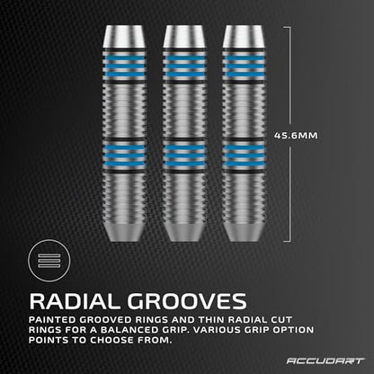 Accudart Steel Tip Dart Set 2.0 – 16g Stainless Steel Barrels with Radial Grooves, Polycarbonate Shafts, Standard Flights, Tri‑Fold Storage Case for Bristle Dartboards