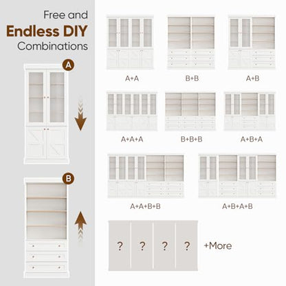 Vyre 71" Tall Farmhouse Bookshelves with Glass Doors and Drawers, Set of 2 – Large Modular Bookcase with Adjustable Shelves, Storage Cabinet for Living Room, Kitchen, White - color: White
