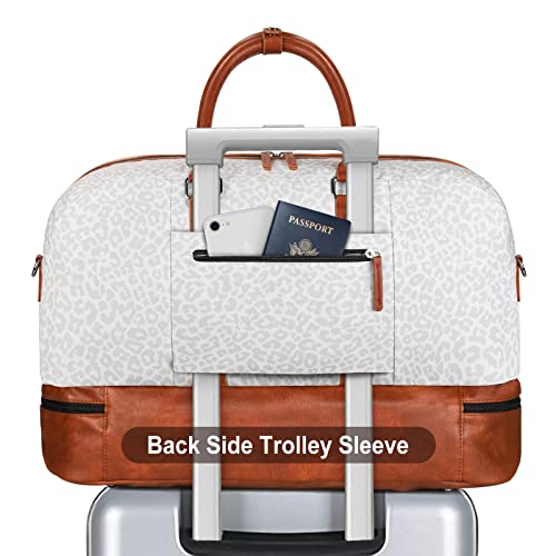 Weekender Bag for Women, Large Overnight Bag Canvas Travel Duffel Bag Carry On Tote with Shoe Compartment 21" 3Pcs Set - color: A07-brown+gray leopard