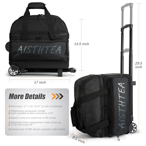 2 Ball Bowling Bag with Wheels, Bowling Bags 2 Ball Roller - 1680D Reinforced Oxford, Bowling Ball Bag with Separate Shoe Compartment & Retractable Handle Extends to 40'' - color: Black