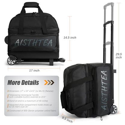 2 Ball Bowling Bag with Wheels, Bowling Bags 2 Ball Roller - 1680D Reinforced Oxford, Bowling Ball Bag with Separate Shoe Compartment & Retractable Handle Extends to 40'' - color: Black