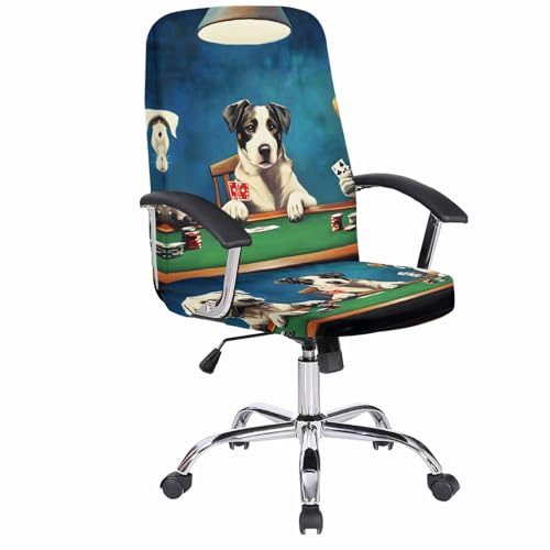 Abstract Animal Office Chair Cover, Dog Playing Poker Game Chips Blue Room Funny Universal Stretch Desk Rotating Chair Slipcovers, Removable Seat Protector with Zipper, L - color: Dark Green Brown, size: Large